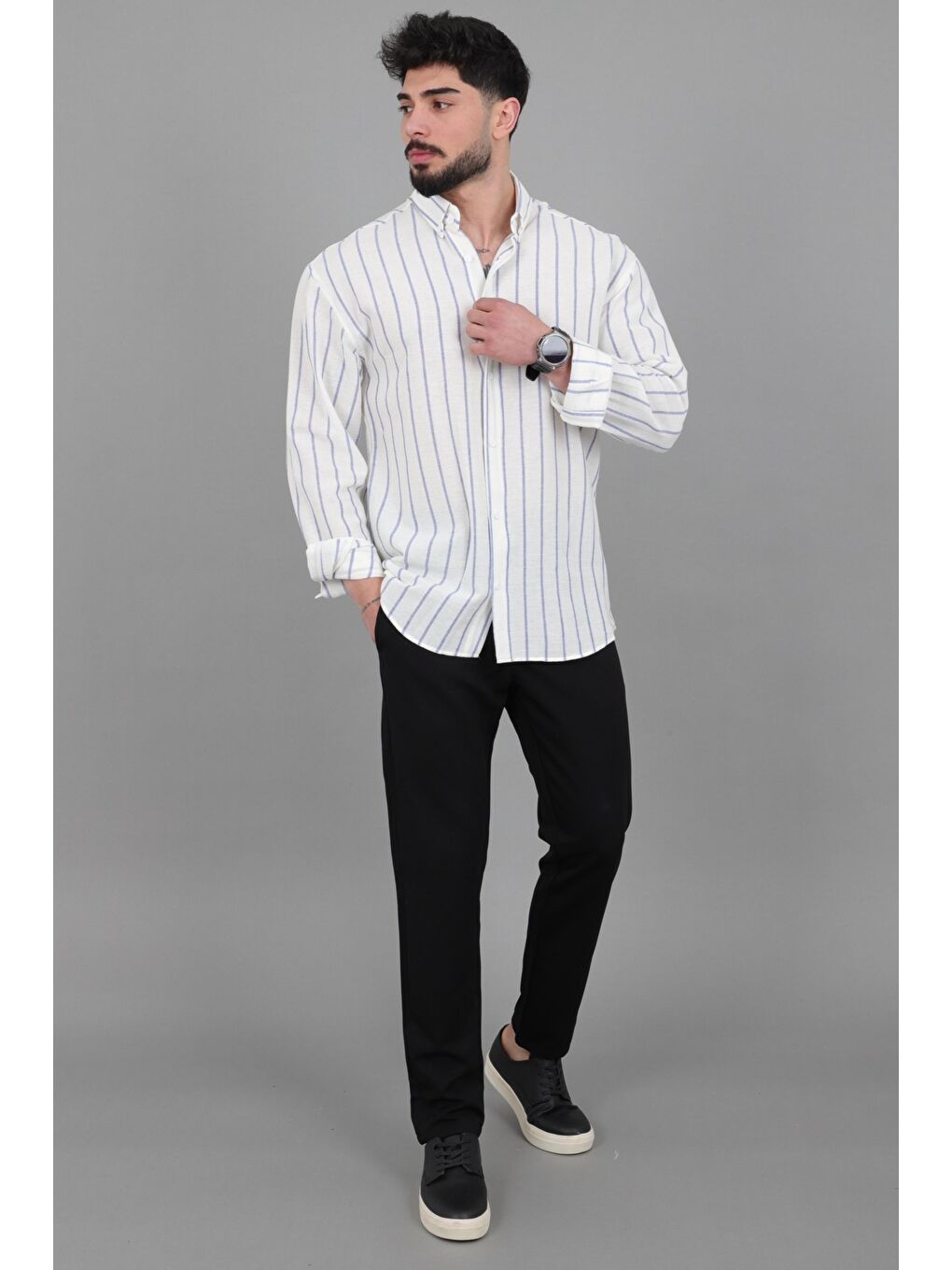 Mavi Şile Çizgili Oversize Uzun Kol Yazlık Gömlek MRS 226_40418-2