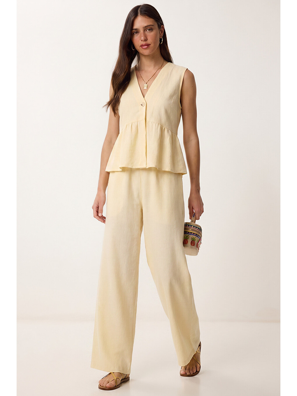 Sarı Keten Bluz Pantolon Takım SARI LAZ0009