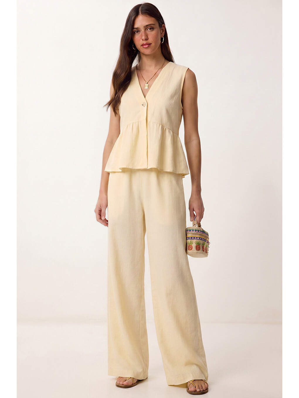 Sarı Keten Bluz Pantolon Takım SARI LAZ0009-1