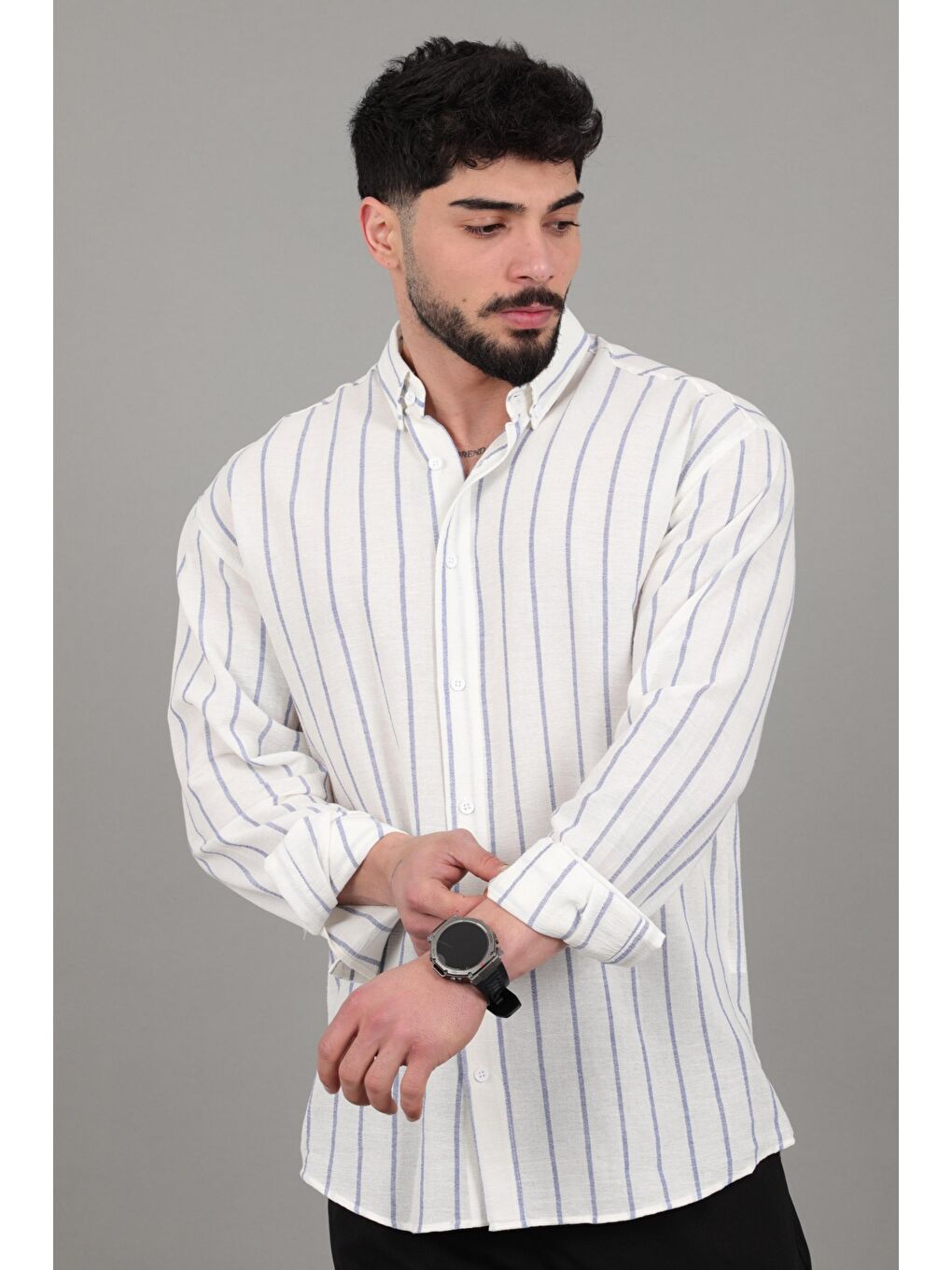 Mavi Şile Çizgili Oversize Uzun Kol Yazlık Gömlek MRS 226_40418-3