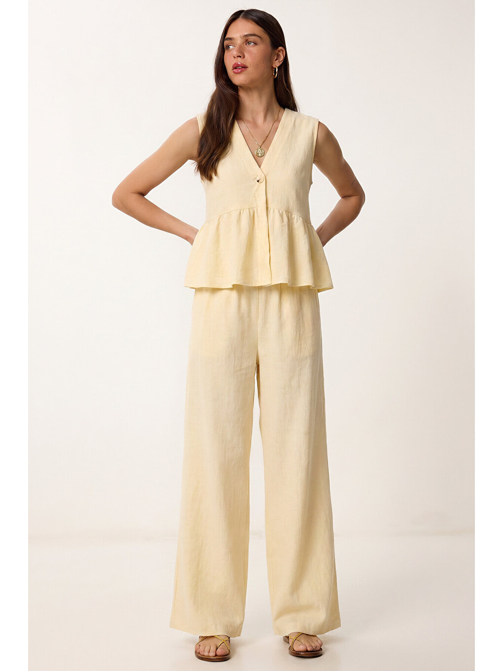 Sarı Keten Bluz Pantolon Takım SARI LAZ0009-2