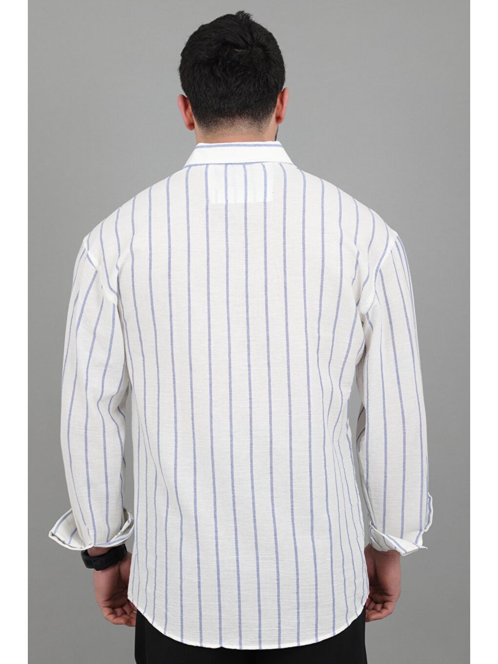 Mavi Şile Çizgili Oversize Uzun Kol Yazlık Gömlek MRS 226_40418-4