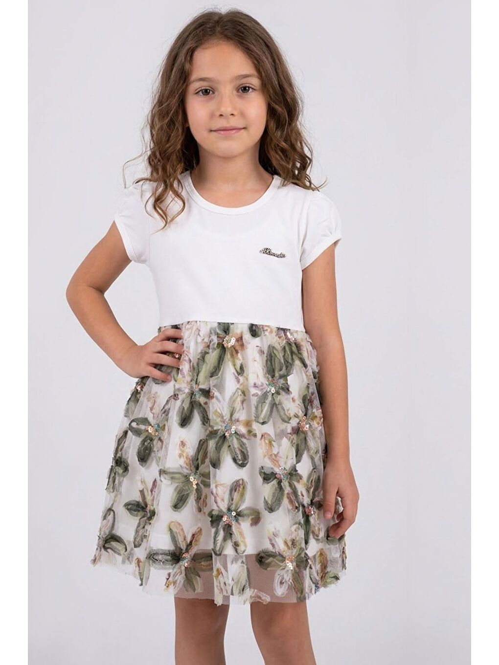 Kız Çocuk Elbise 3D Papatya Çiçek Aplikeli Pul Detaylı Ekru (4-9 Yaş)