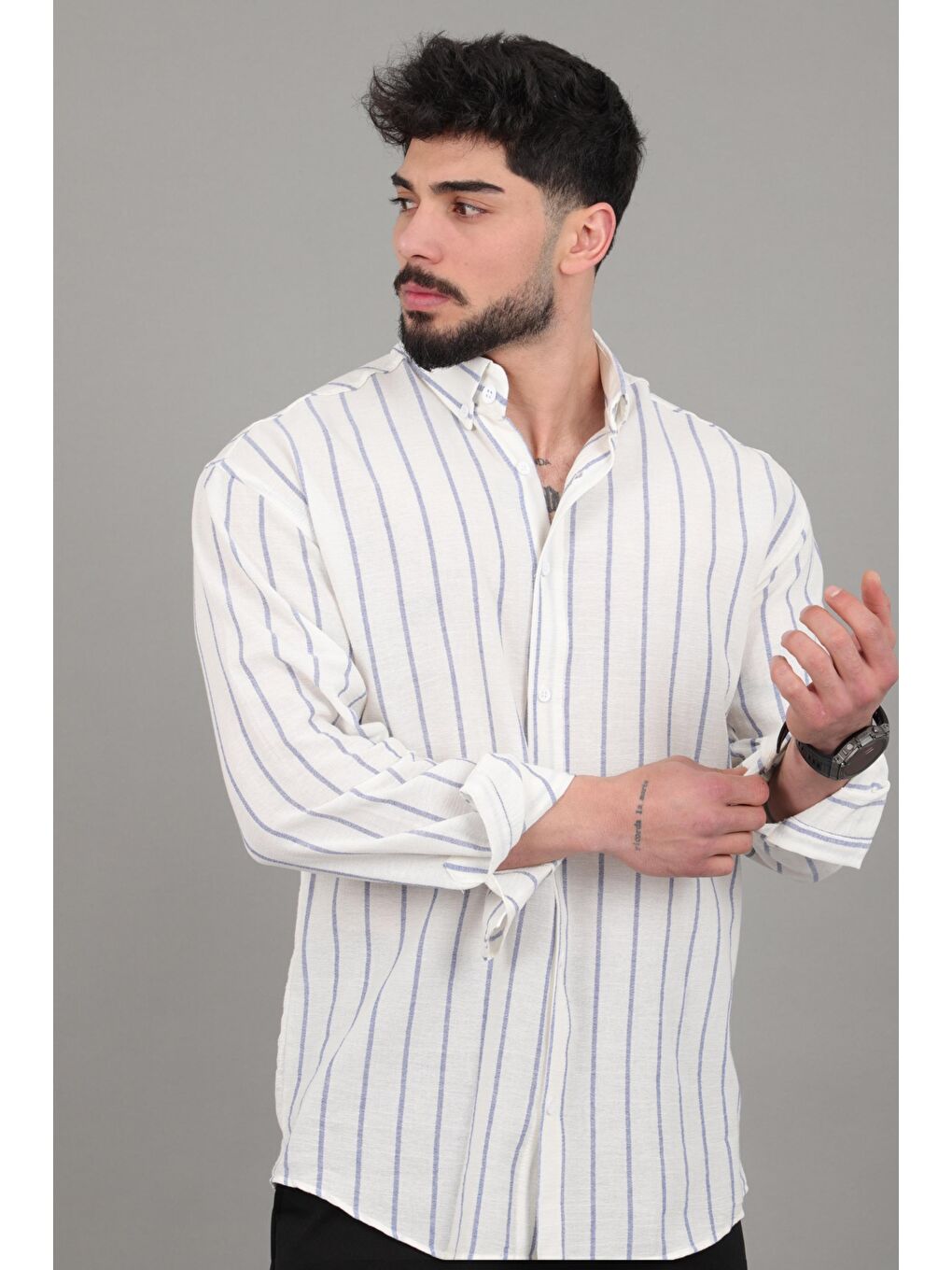 Mavi Şile Çizgili Oversize Uzun Kol Yazlık Gömlek MRS 226_40418-5