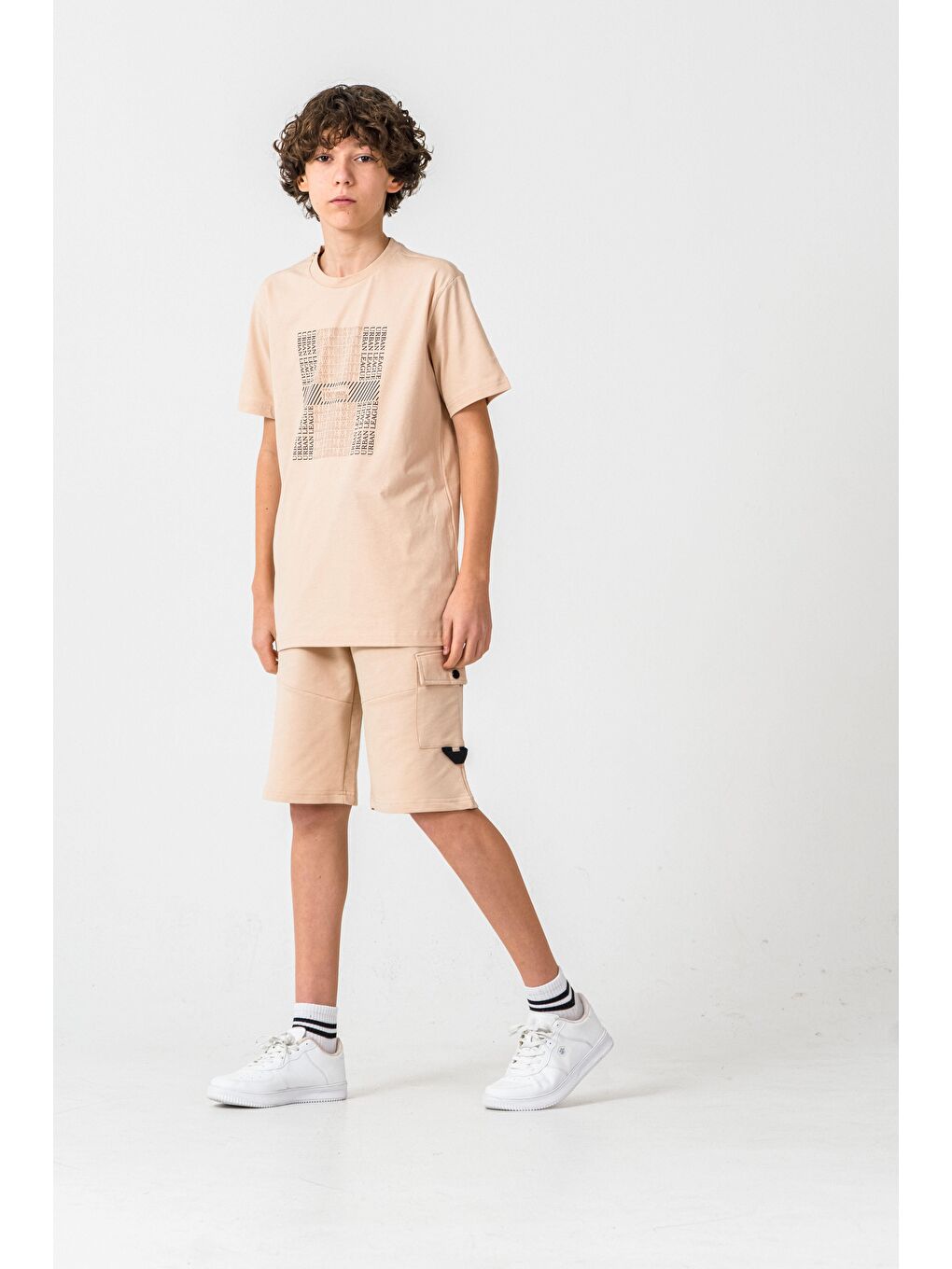 Bej New York City Urban 1992 League Baskılı Kargo Cepli Erkek Çocuk Şort - Tişört Takımı-1