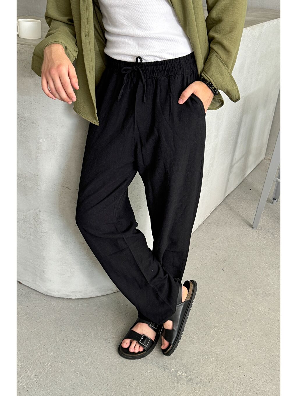 Siyah Erkek Beli Lastikli Baggy Kalıp Keten Pantolon