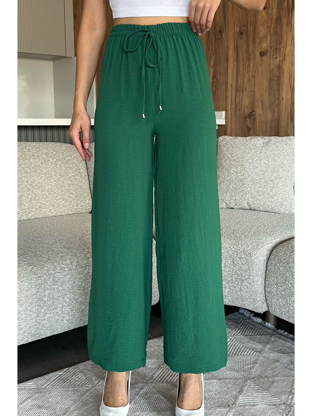 Yeşil Kadın Bel Lastikli Bol Kesim Pantolon