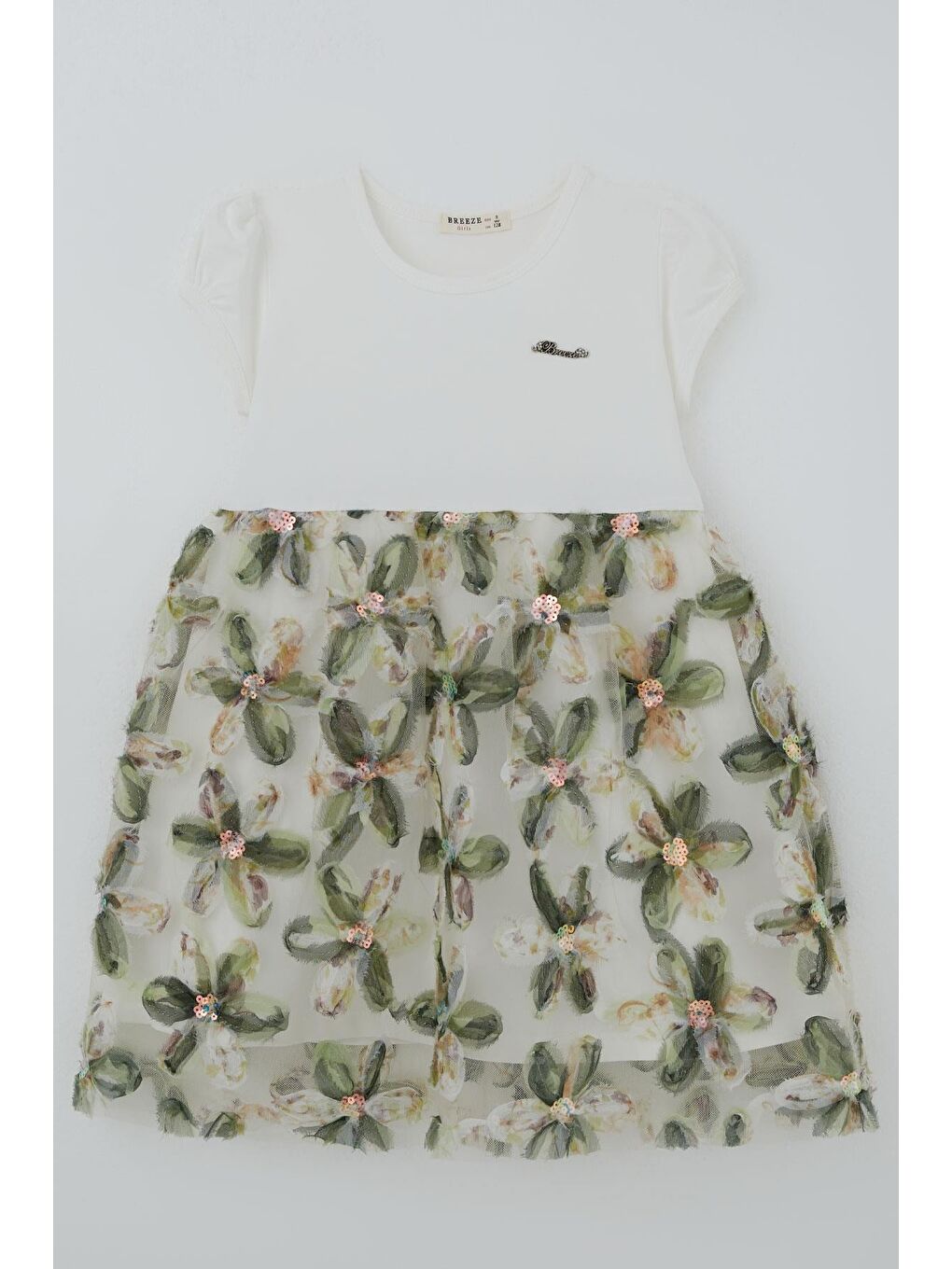 Kız Çocuk Elbise 3D Papatya Çiçek Aplikeli Pul Detaylı Ekru (4-9 Yaş)-1