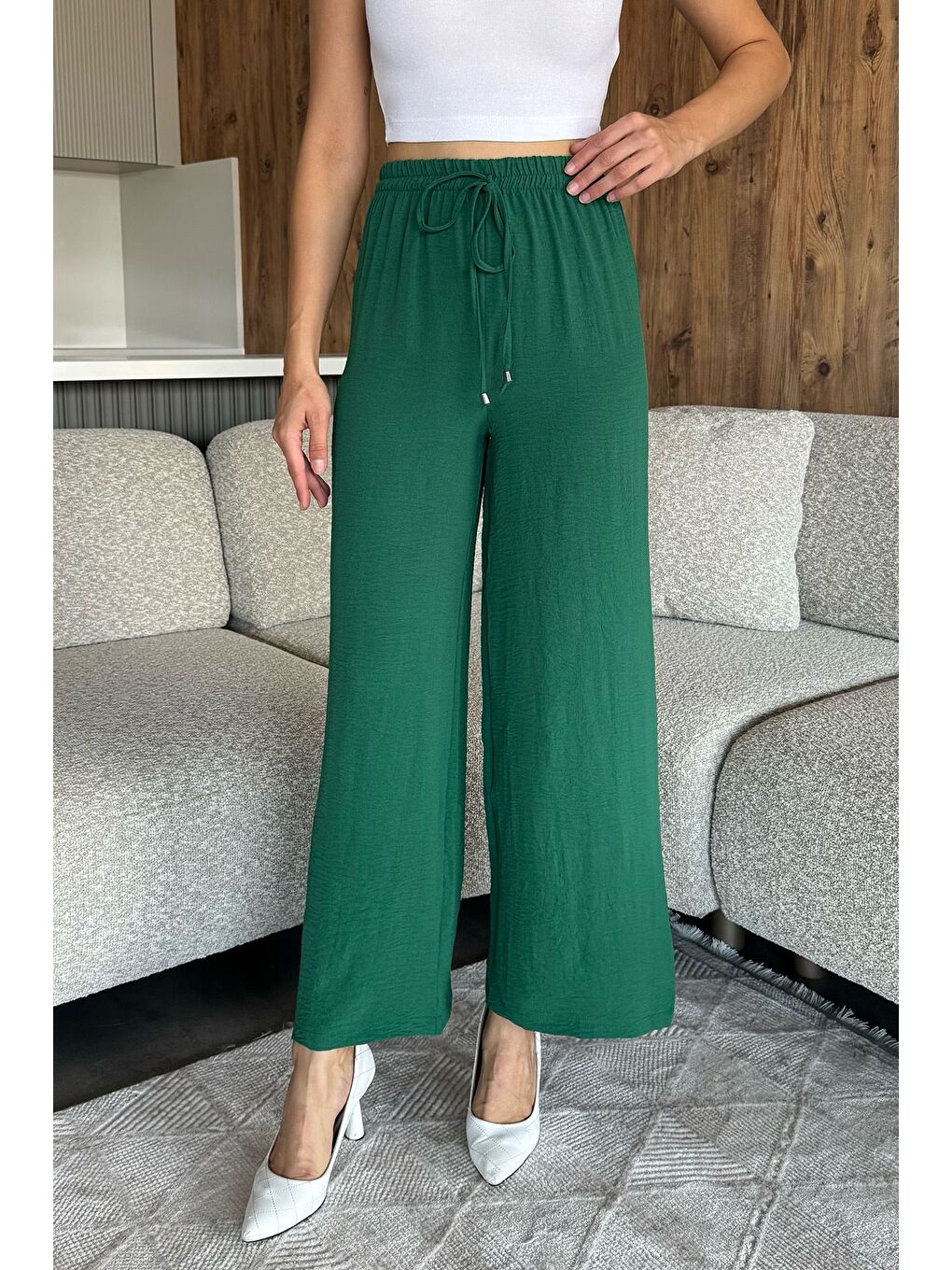 Yeşil Kadın Bel Lastikli Bol Kesim Pantolon-1