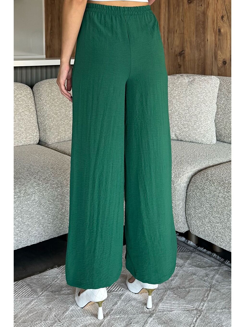 Yeşil Kadın Bel Lastikli Bol Kesim Pantolon-2