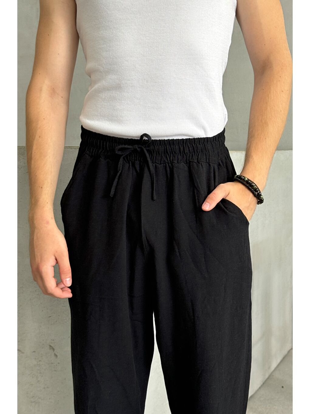 Siyah Erkek Beli Lastikli Baggy Kalıp Keten Pantolon-2