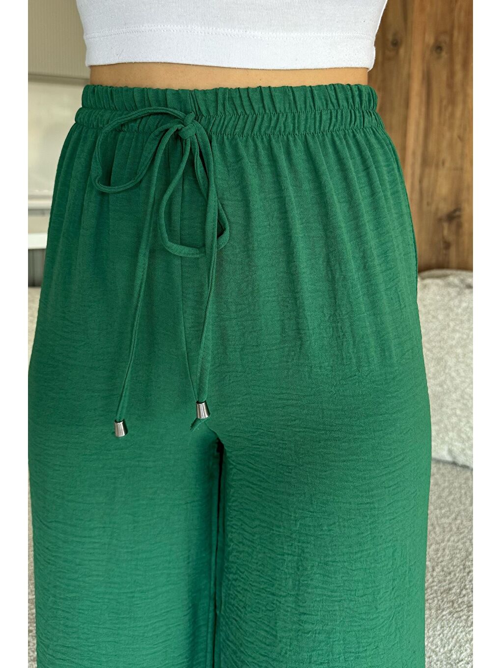 Yeşil Kadın Bel Lastikli Bol Kesim Pantolon-3