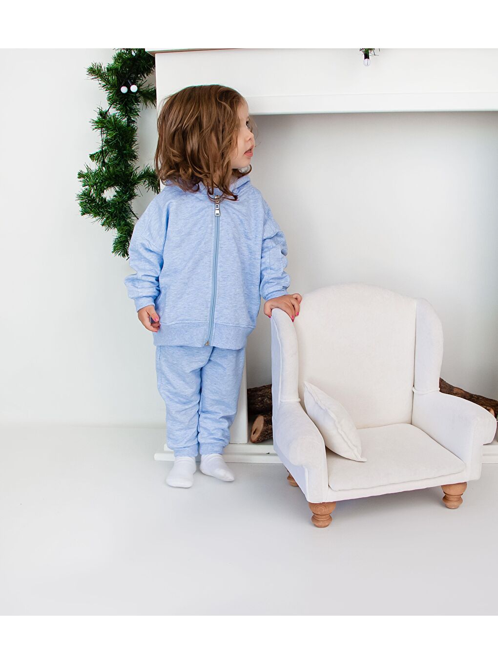 Mavi Fermuarlı Kapüşonlu Tek Sweat-4