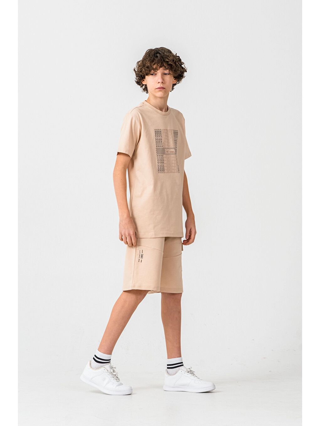 Bej New York City Urban 1992 League Baskılı Kargo Cepli Erkek Çocuk Şort - Tişört Takımı-3