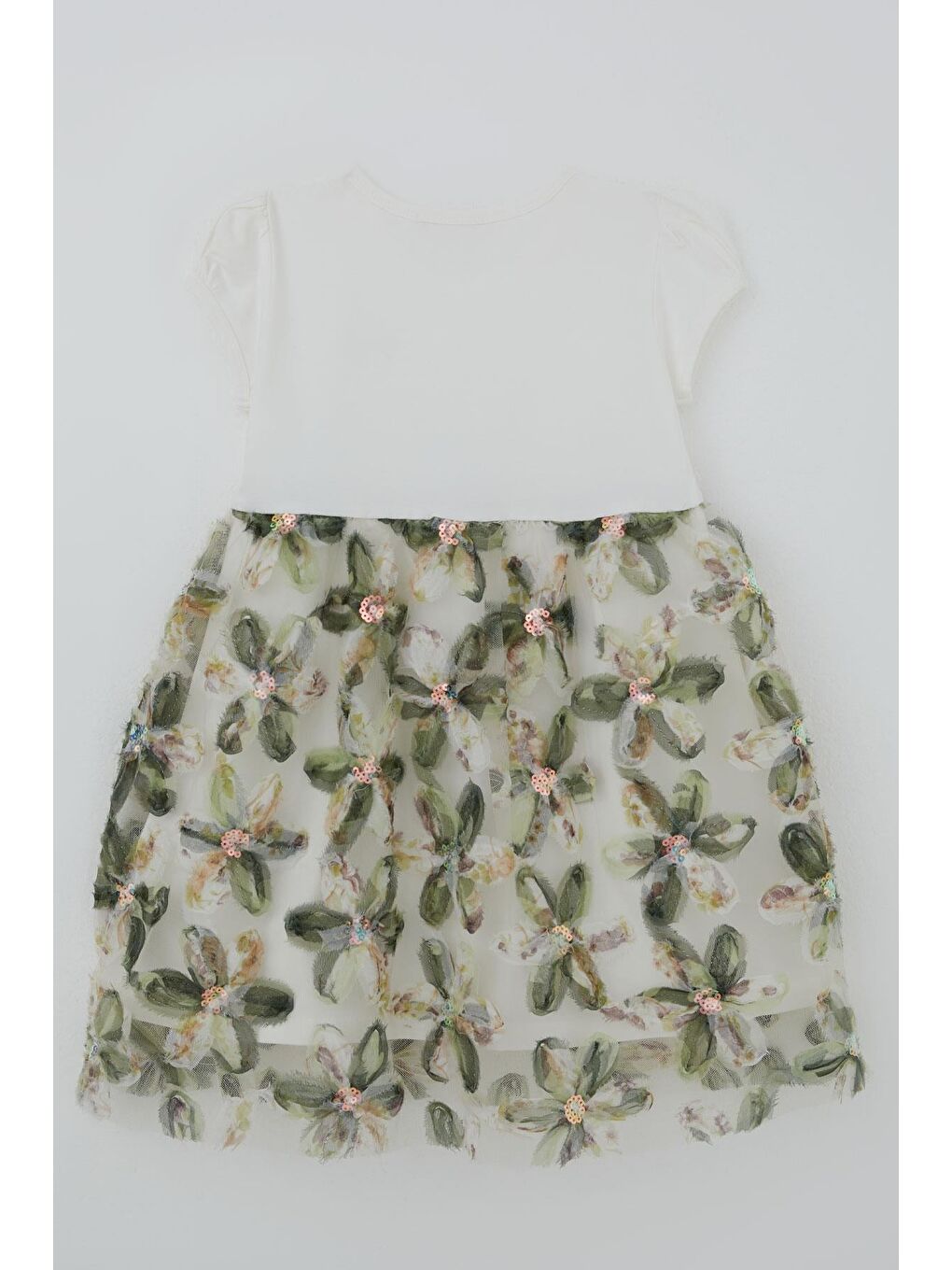 Kız Çocuk Elbise 3D Papatya Çiçek Aplikeli Pul Detaylı Ekru (4-9 Yaş)-2