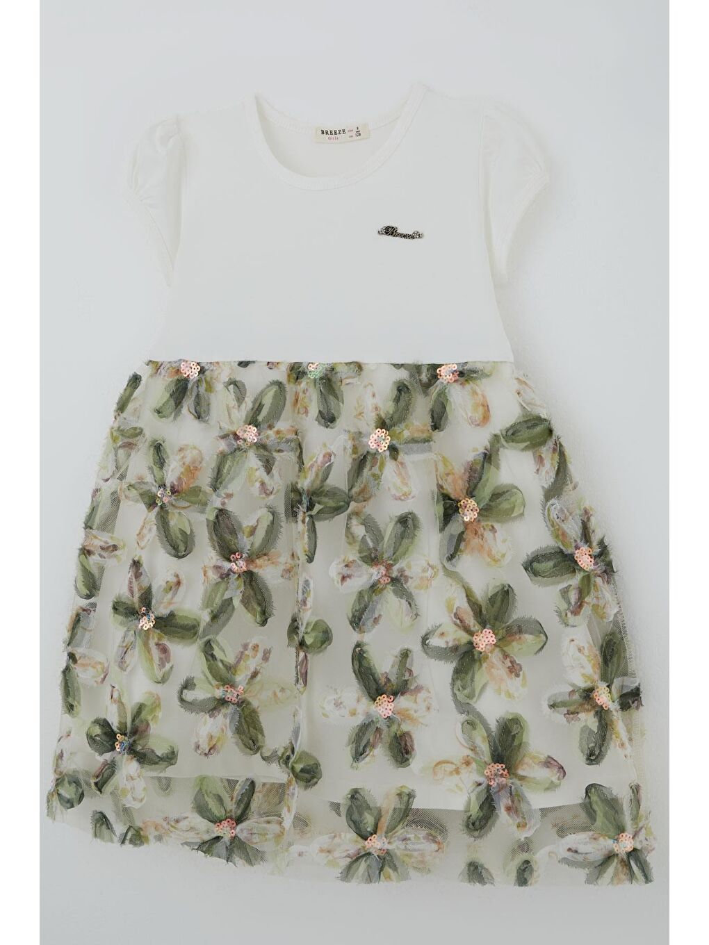 Kız Çocuk Elbise 3D Papatya Çiçek Aplikeli Pul Detaylı Ekru (4-9 Yaş)-3
