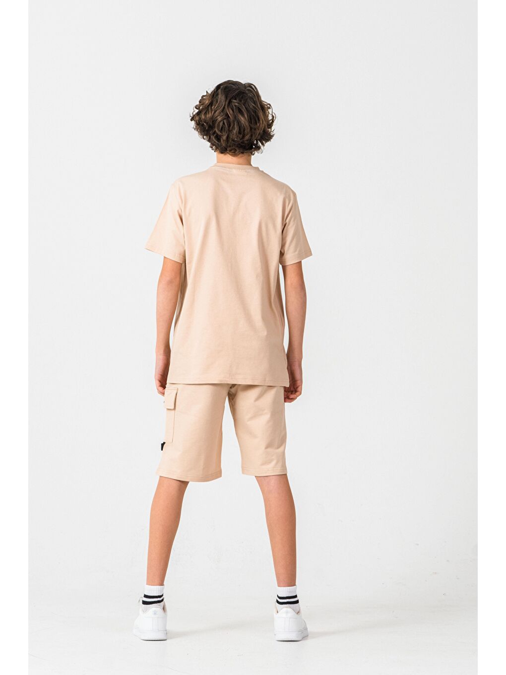Bej New York City Urban 1992 League Baskılı Kargo Cepli Erkek Çocuk Şort - Tişört Takımı-4
