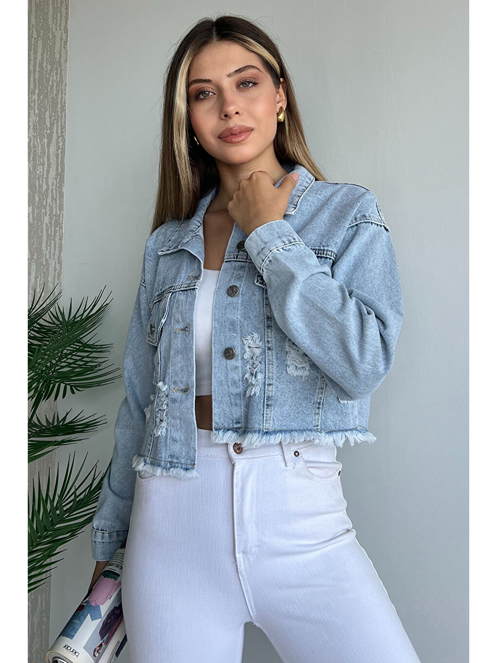 GÜLSELİ Mavi Püskül Detaylı Crop Top Jean Jean Ceket - 1