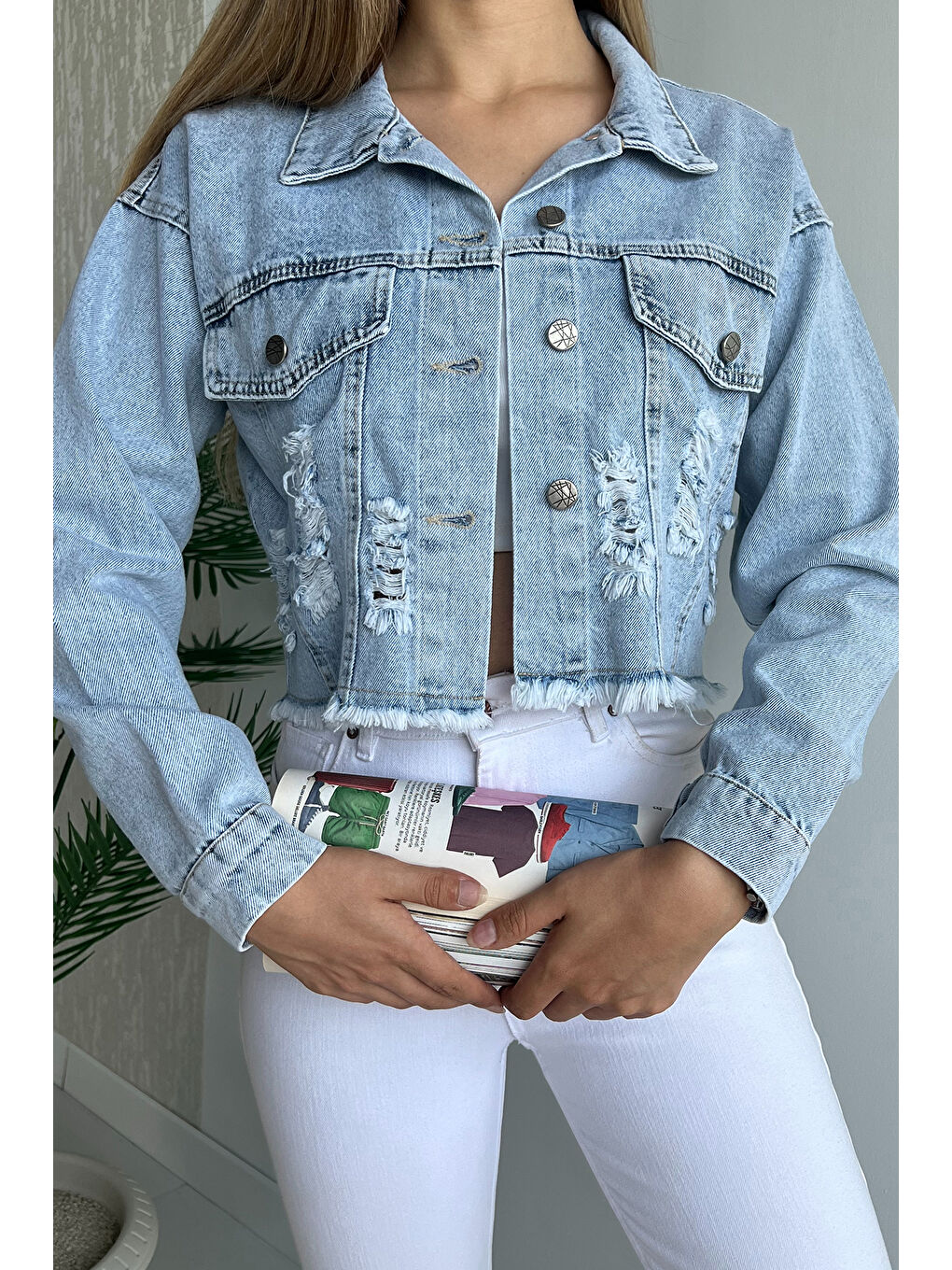 GÜLSELİ Mavi Püskül Detaylı Crop Top Jean Jean Ceket - 2