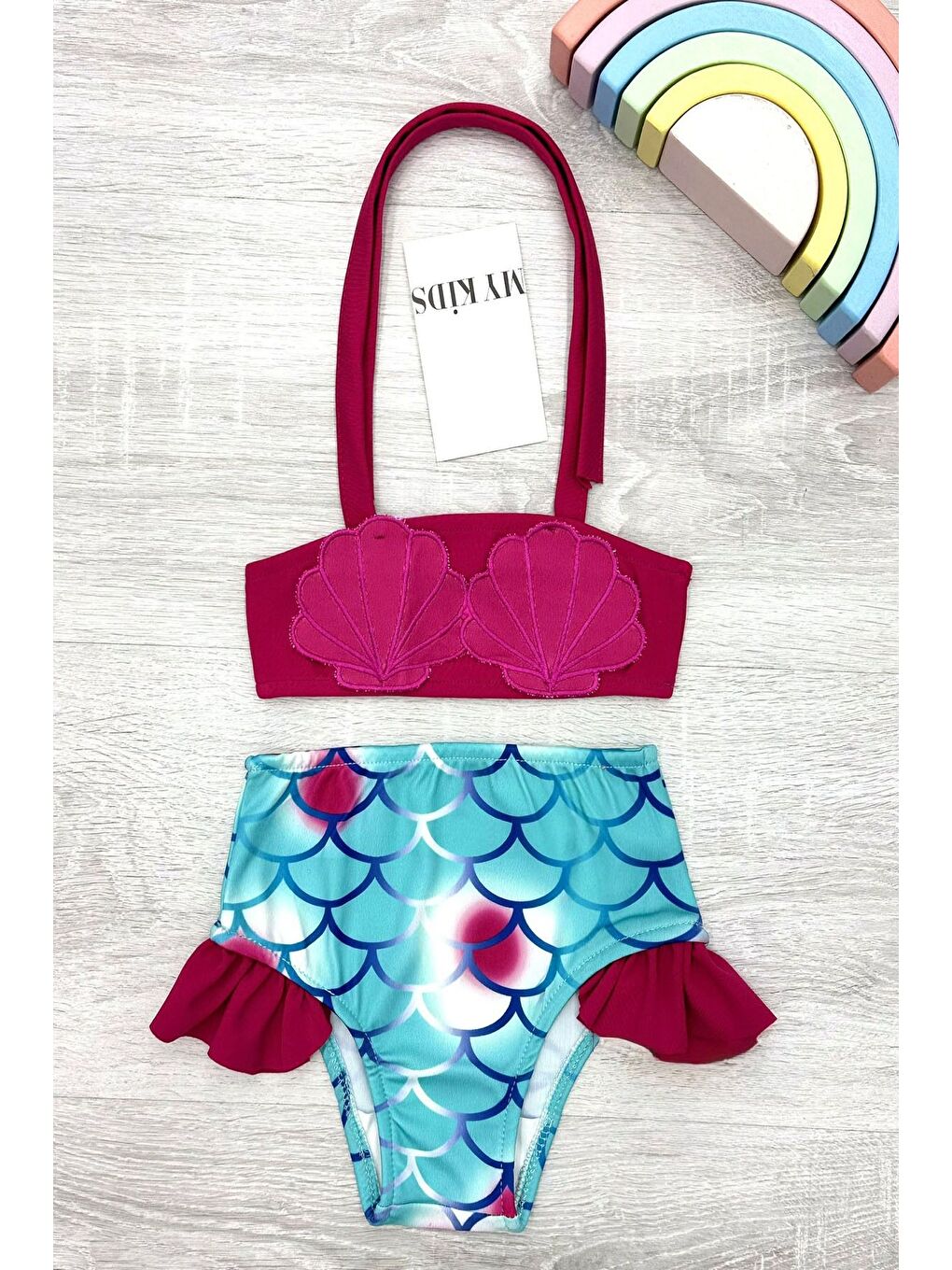 Mavi Yeni Sezon Deniz Kabuğu Figürlü Balık Pul'u Desenli Fırfırlı Kız Çocuk Bikini Takımı