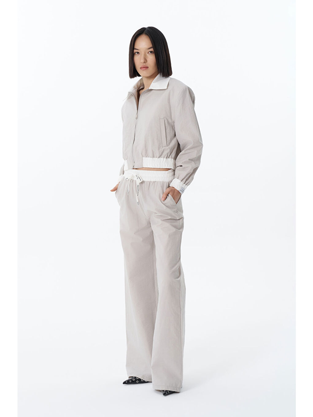 Beli Lastikli Bol Paça Pantolon Gri-2