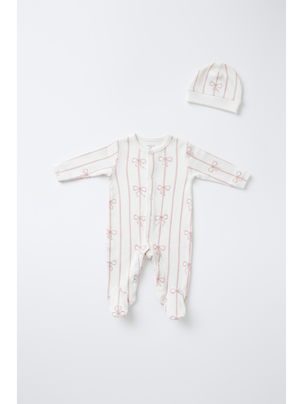 Kız Bebek Pamuklu Beyaz Pembe Kurdele Desenli Tulum Ve Şapka Seti