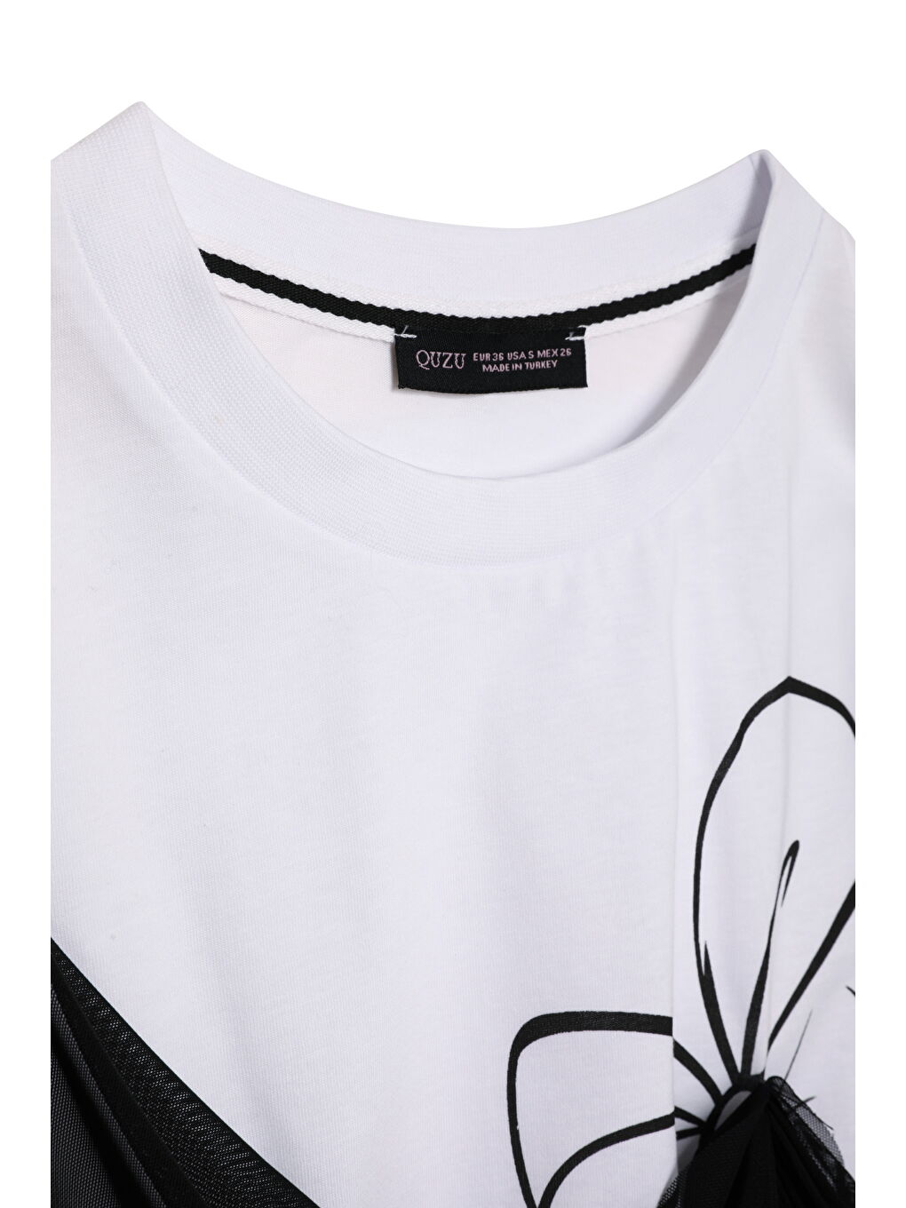 Tül Bağlamalı Baskılı Tişört Beyaz-1