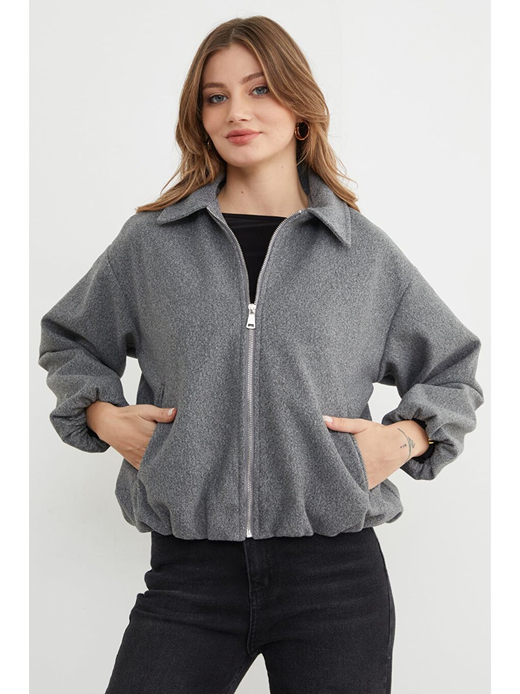 Gri Fermuarlı Cepli Polo Yaka Kaşe Bomber Mont