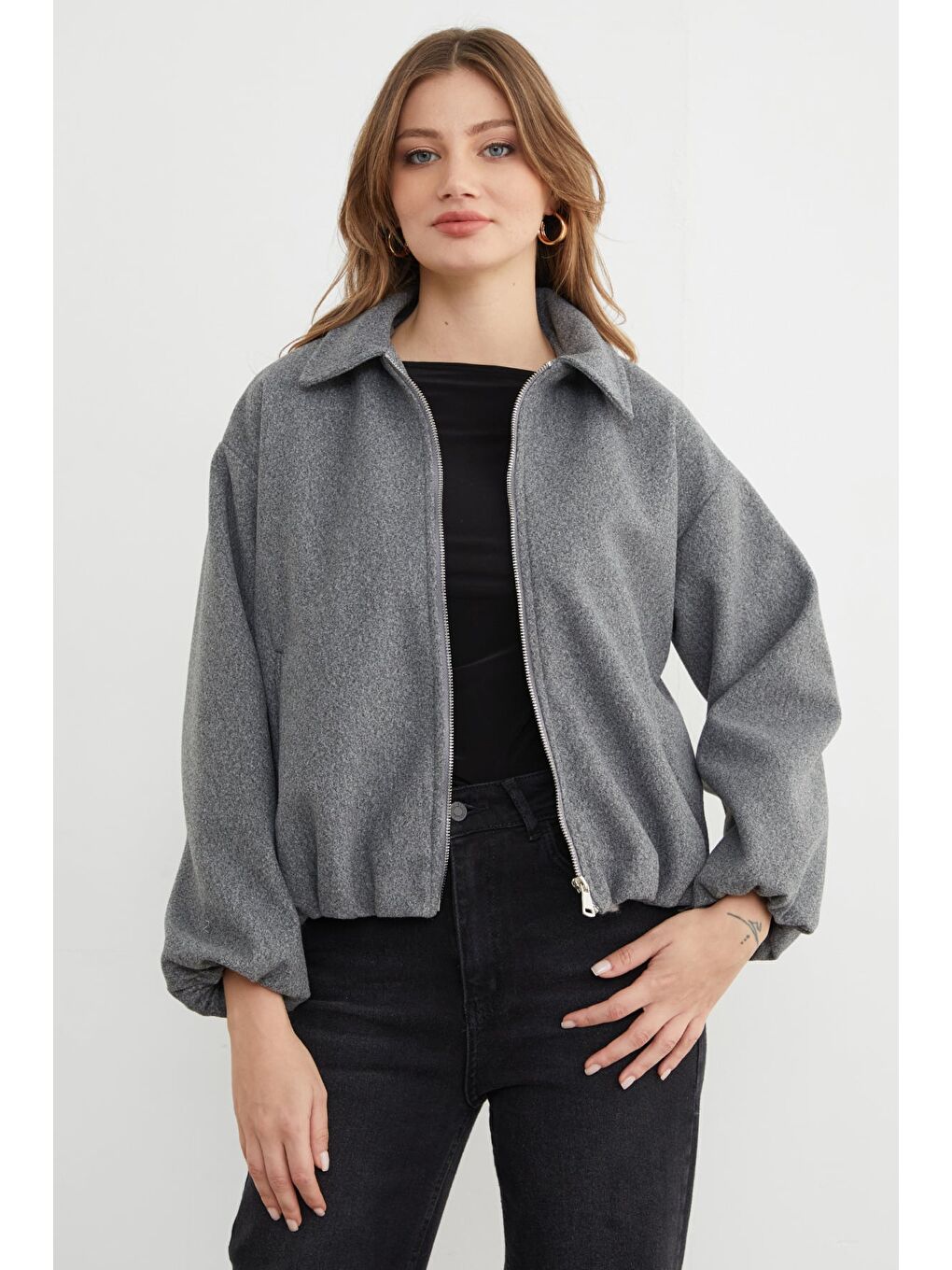Gri Fermuarlı Cepli Polo Yaka Kaşe Bomber Mont-1
