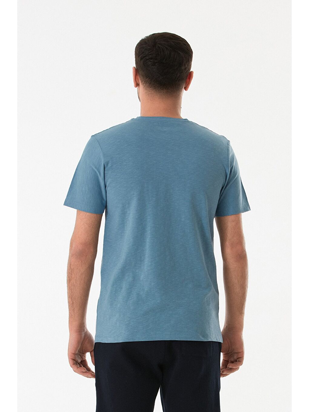 Mavi Grafik Baskılı Bisiklet Yaka Tişört-1