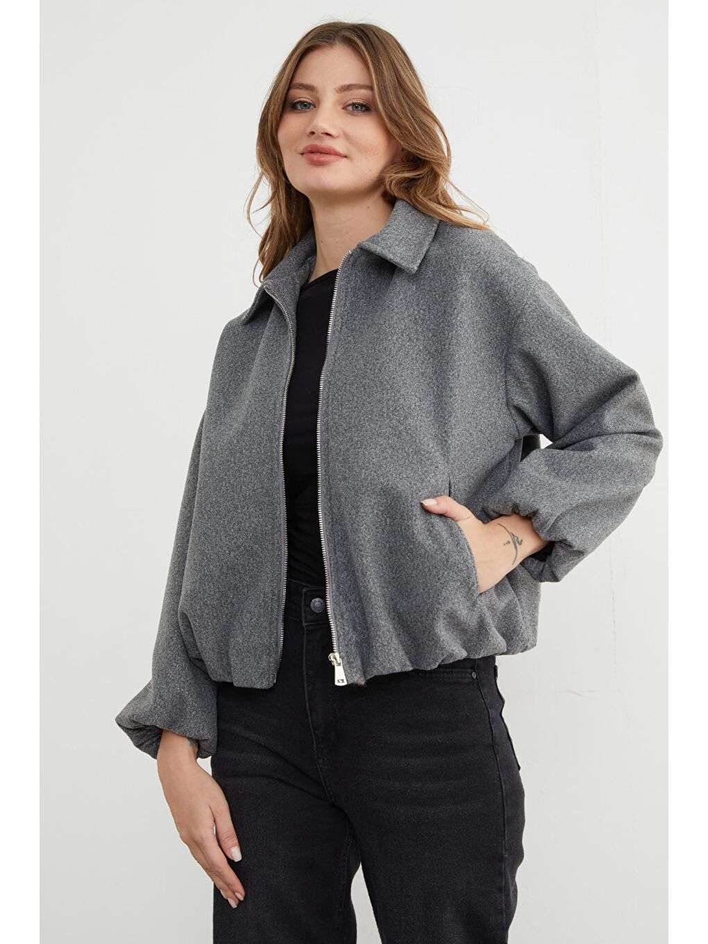 Gri Fermuarlı Cepli Polo Yaka Kaşe Bomber Mont-2