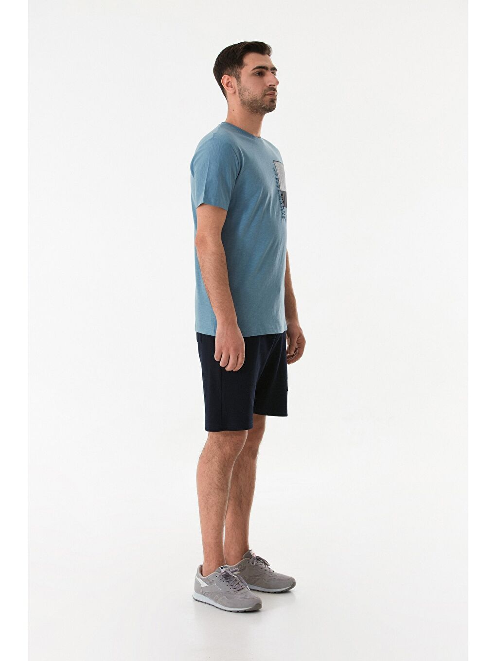 Mavi Grafik Baskılı Bisiklet Yaka Tişört-2