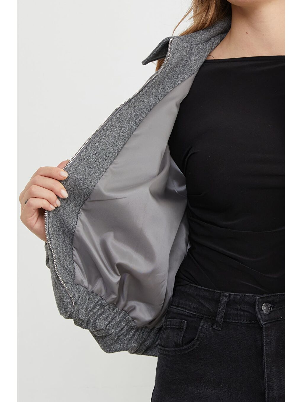 Gri Fermuarlı Cepli Polo Yaka Kaşe Bomber Mont-3