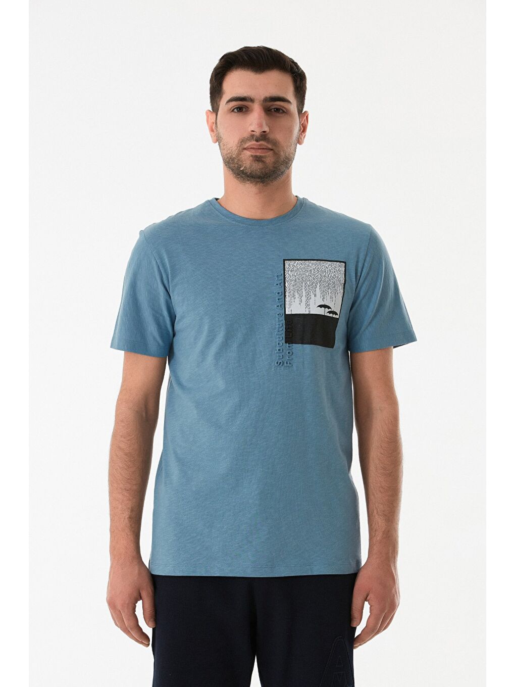 Mavi Grafik Baskılı Bisiklet Yaka Tişört-3