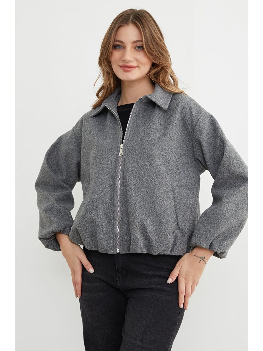 Gri Fermuarlı Cepli Polo Yaka Kaşe Bomber Mont-4