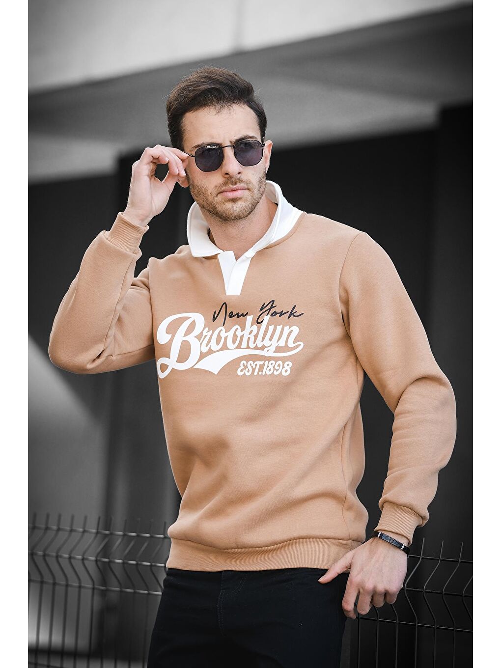 Kahverengi Est 1898 Baskılı Üç İplik Şardonlu Slim Fit Polo Yaka Erkek Sweatshirt