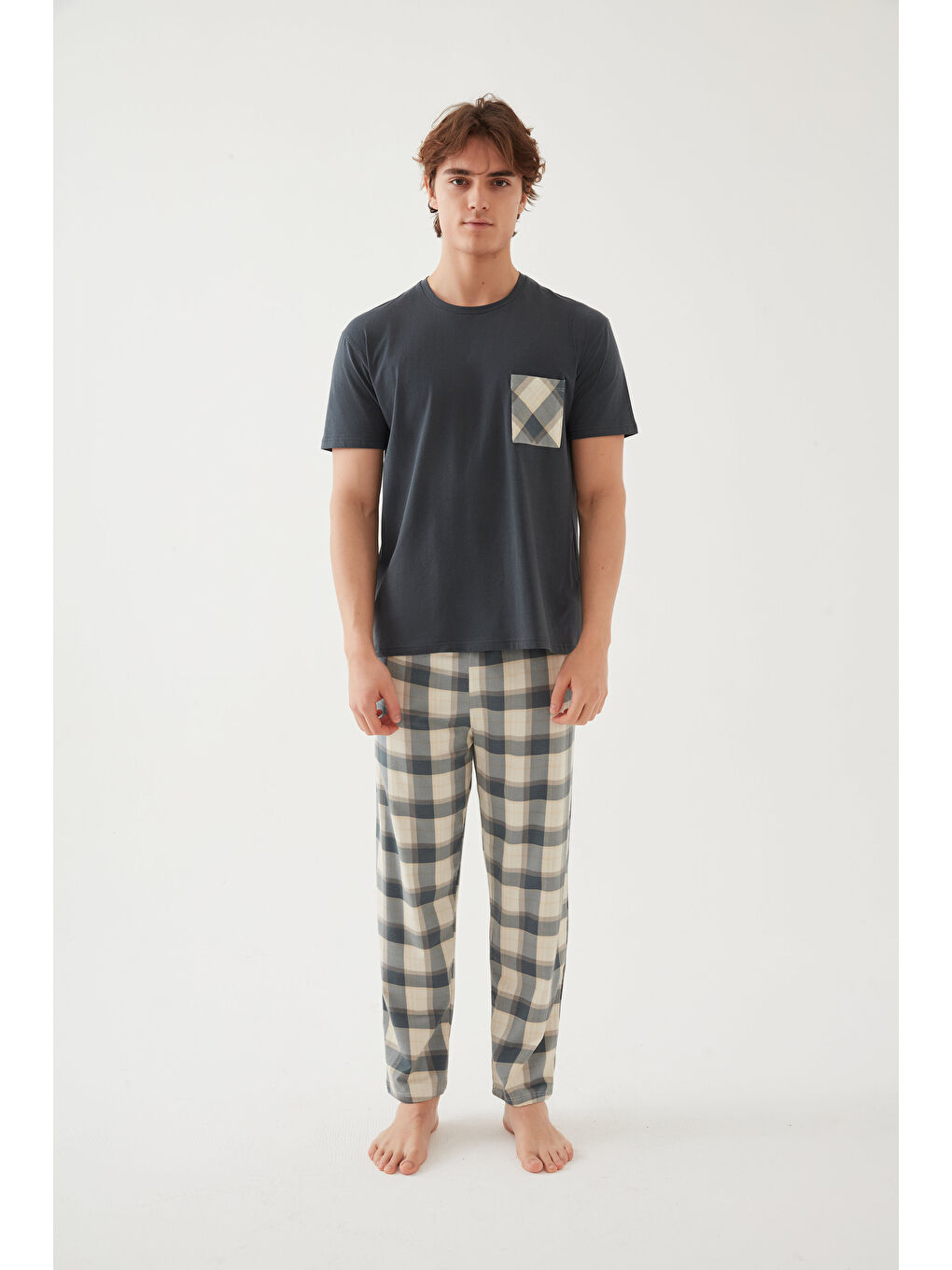 Gri Erkek Pamuklu Üst Füme Göğüs Cepli Kısa Kollu %100 Pamuk Pijama Takımı-2