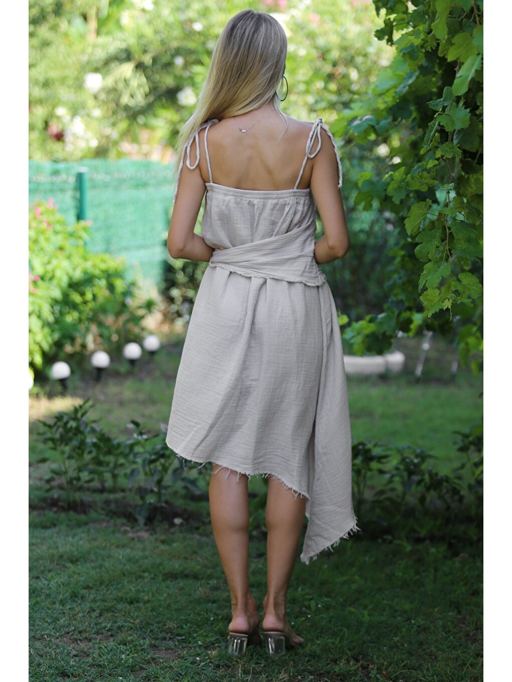 Bej Askılı Yıkamalı Tokalı Dokuma Asimetrik Casual Pamuk Elbise-7