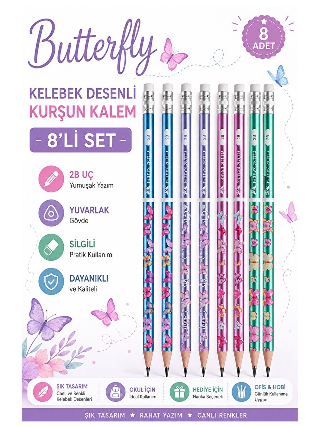 Kelebek Silgili Kurşun Kalem 8 Adet Yuvarlak Gövdeli Siyah Kurşun Kalem Yumuşak Yazım