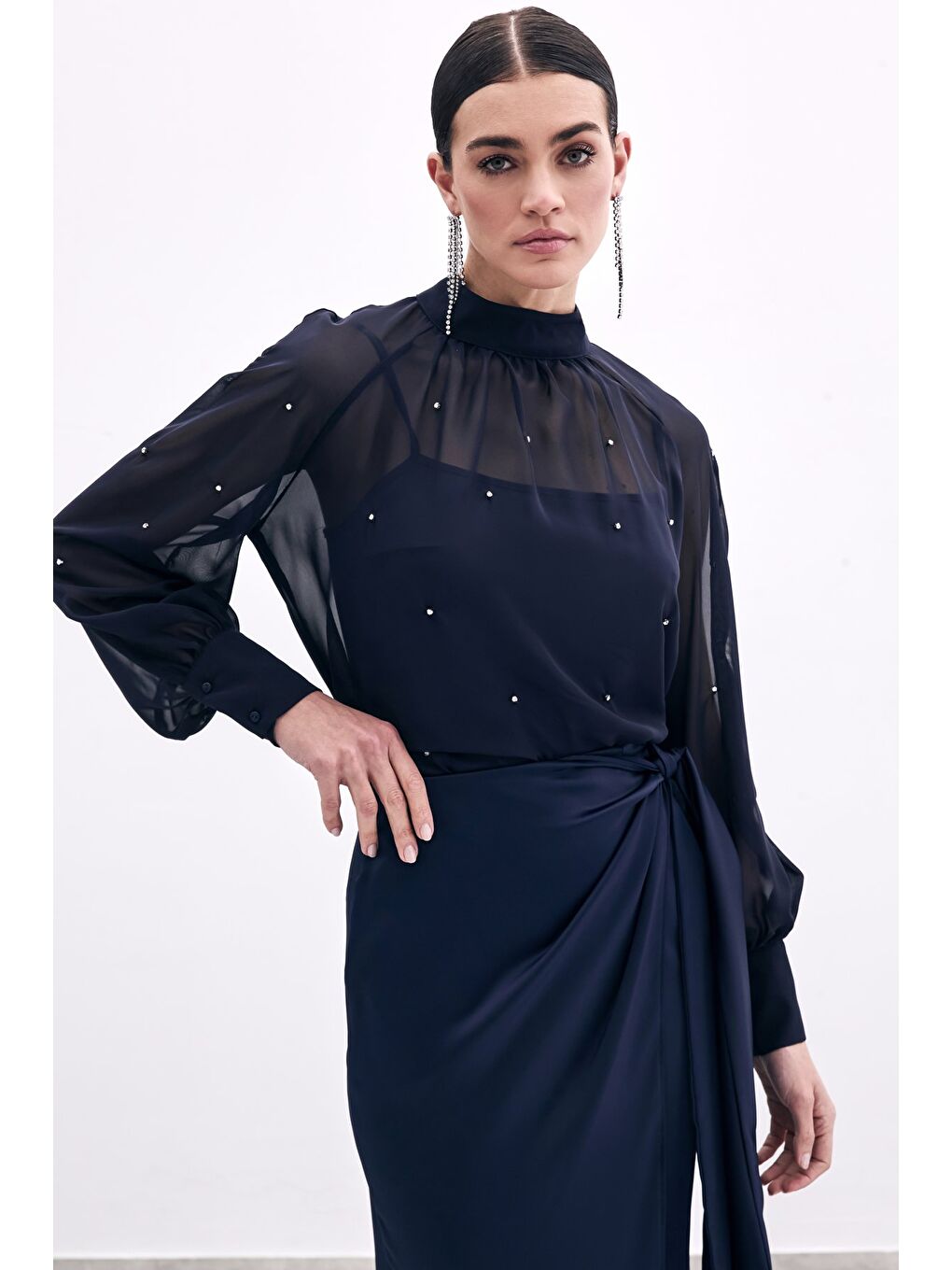 Taş Detaylı Transparan Bluz - Lacivert