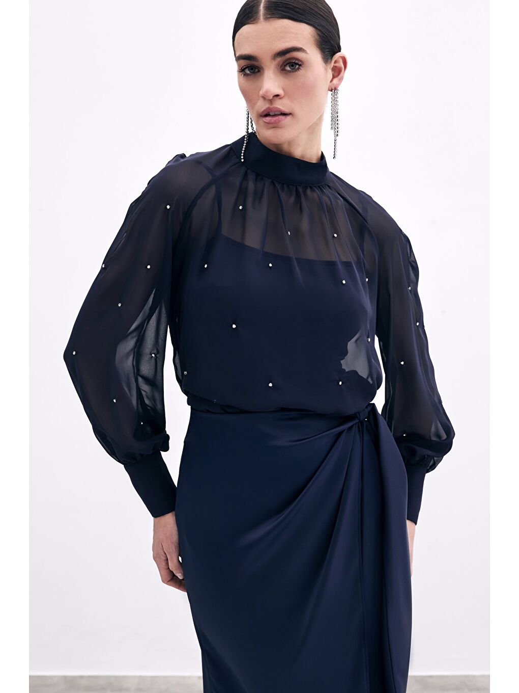 Taş Detaylı Transparan Bluz - Lacivert-1