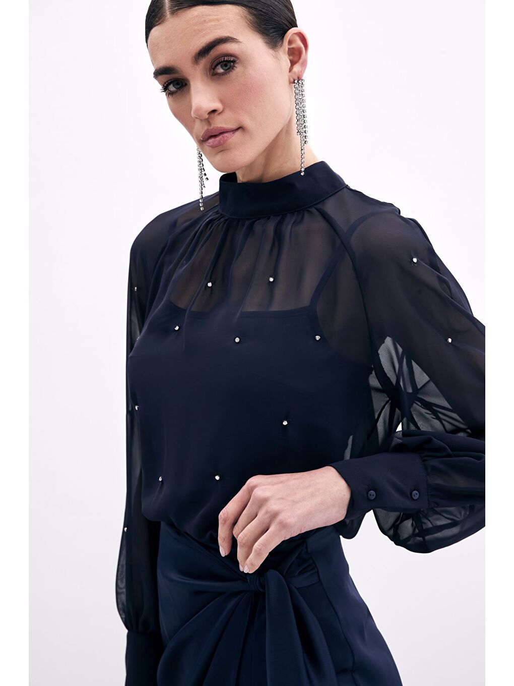 Taş Detaylı Transparan Bluz - Lacivert-2