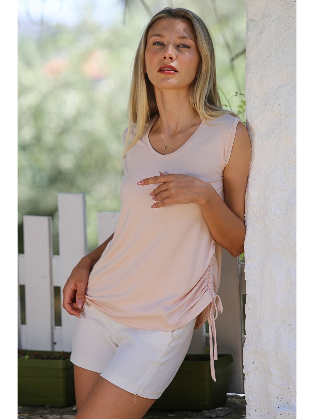 Pembe Pudra V Yaka Kolsuz Yanları Büzgülü Örme Casual Bluz