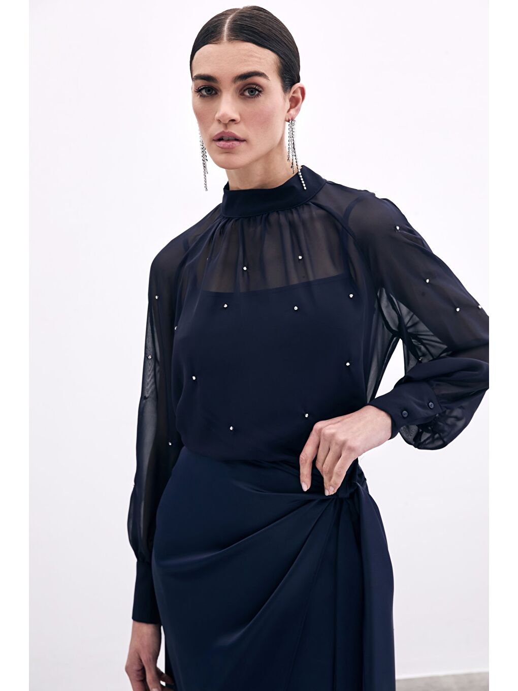 Taş Detaylı Transparan Bluz - Lacivert-3