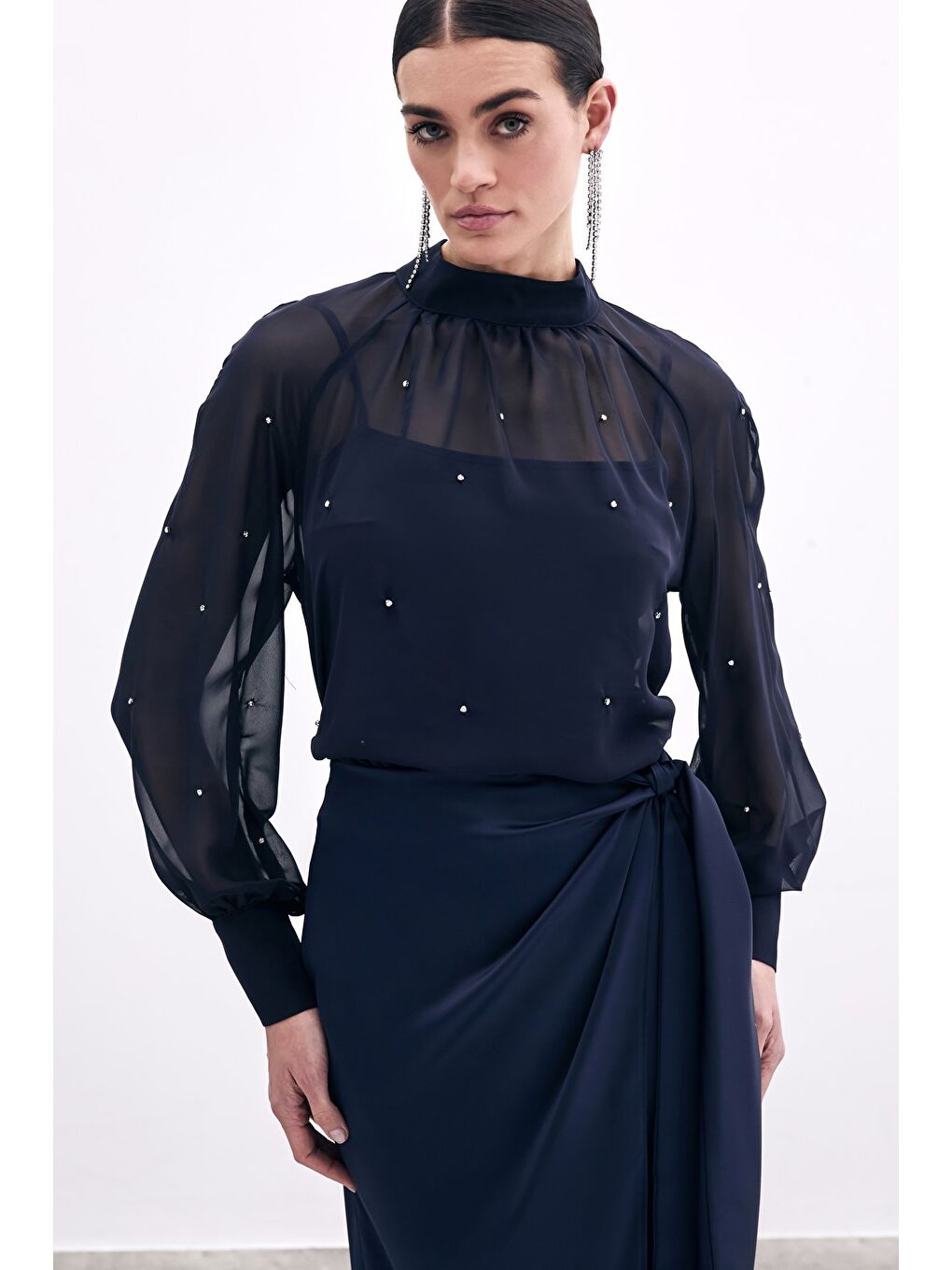 Taş Detaylı Transparan Bluz - Lacivert-4