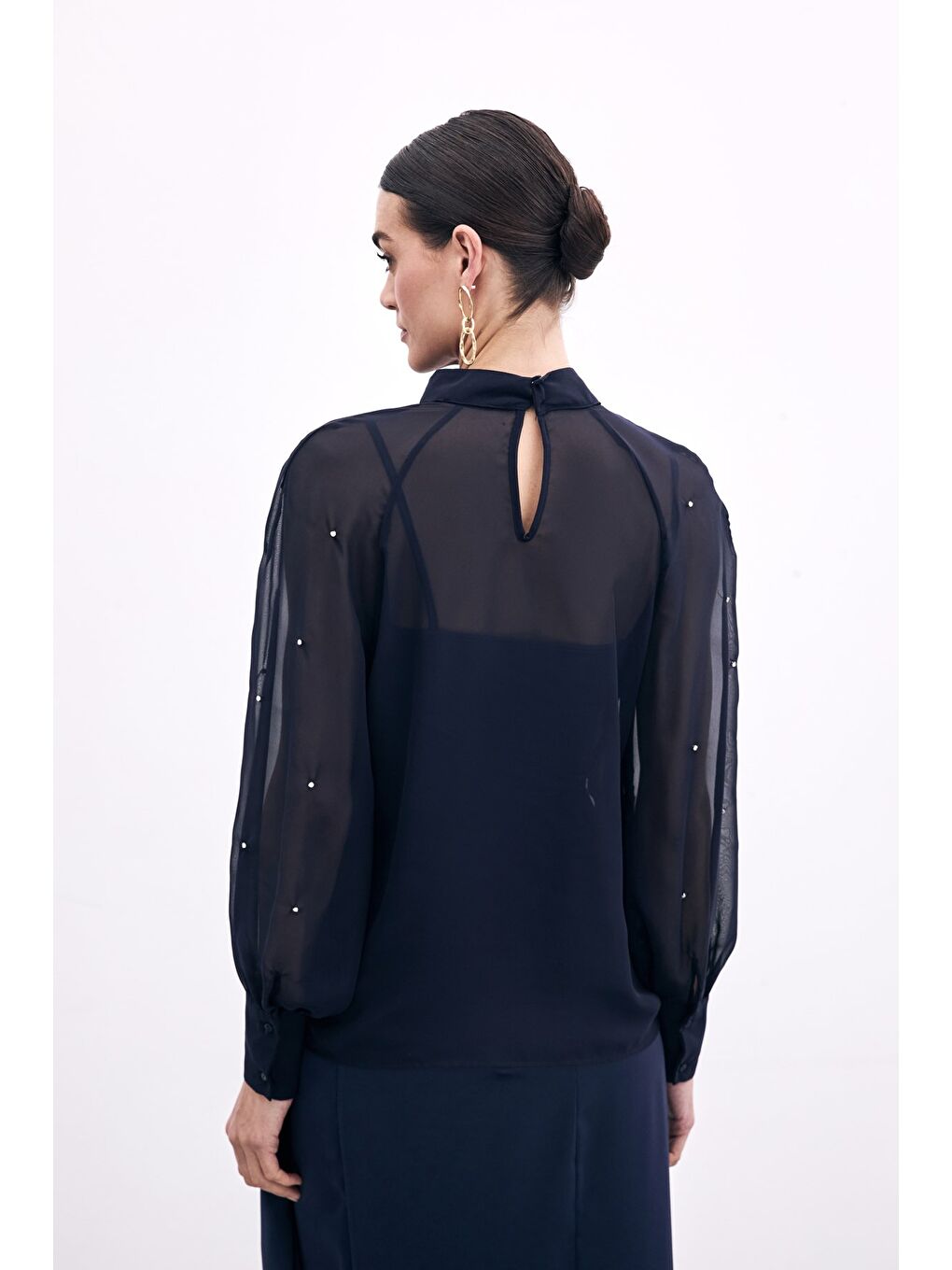 Taş Detaylı Transparan Bluz - Lacivert-5