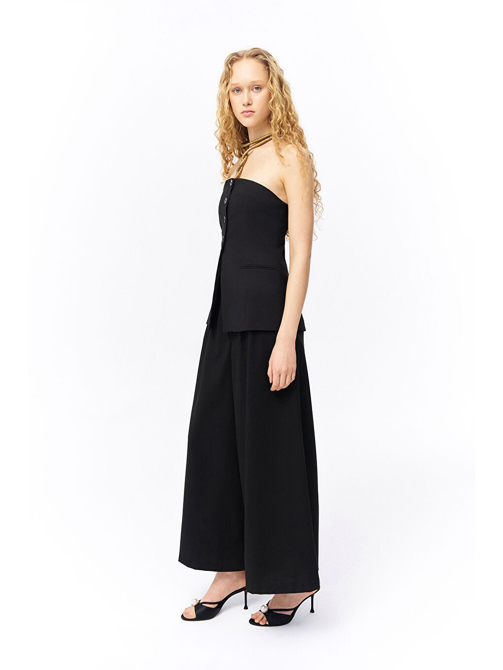 Pile Detaylı Geniş Paça Pantolon Siyah-2