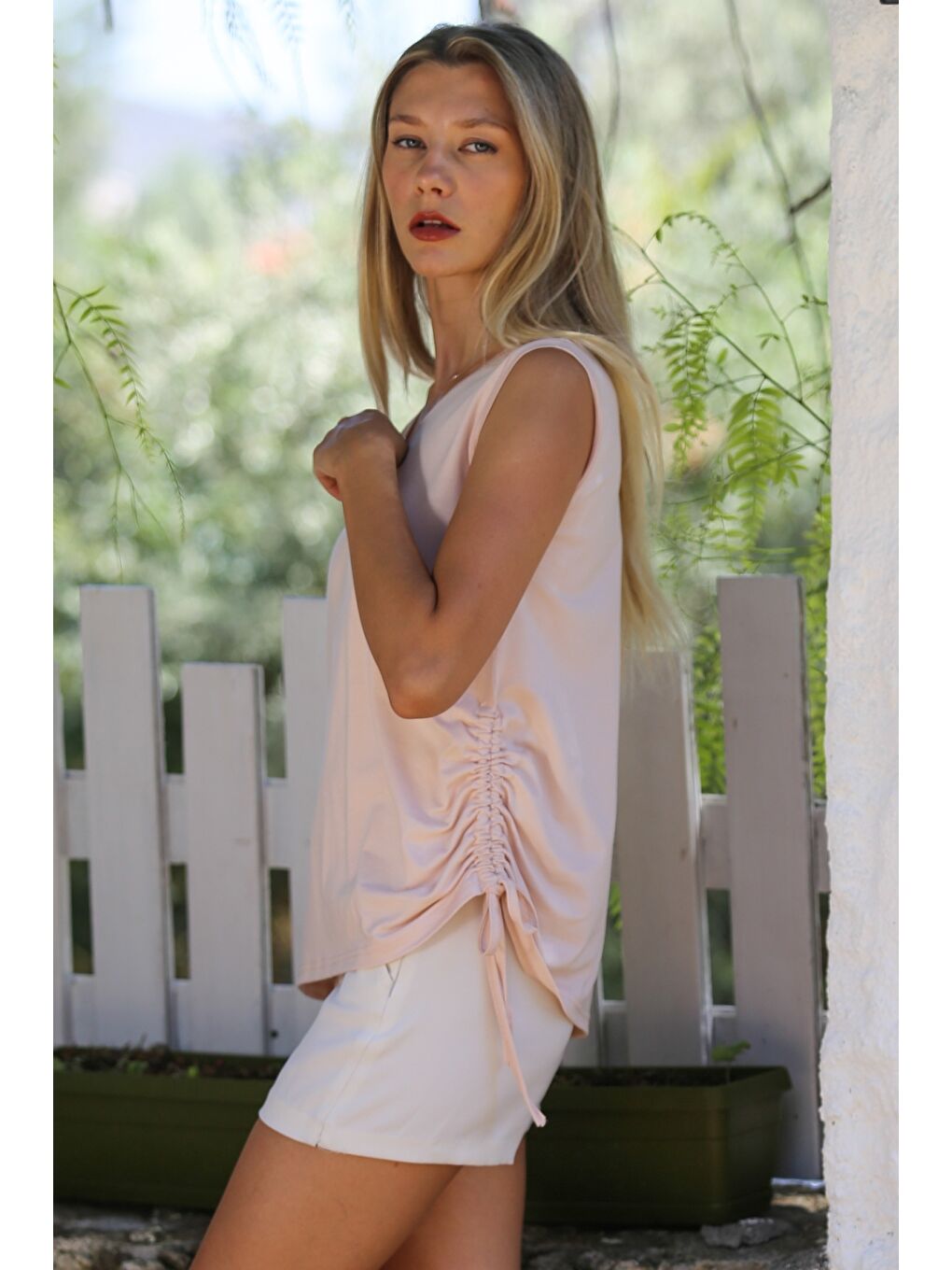 Pembe Pudra V Yaka Kolsuz Yanları Büzgülü Örme Casual Bluz-1