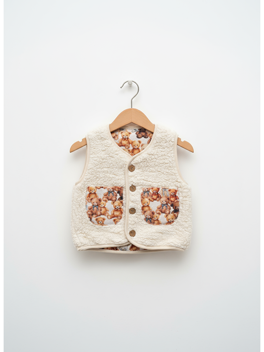 Karışık Unisex Çocuk Krem Pelüş Teddy Desenli Cepli Düğmeli Yelek