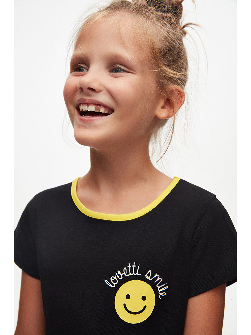 Siyah Gülen Yüz Kız Çocuk Desenli Smile Baskılı Kısa Kol Elbise-2